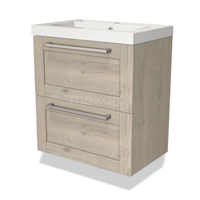 Holz Badezimmermöbel mit zwei Schubladen, einschließlich weißem Waschbecken. Modernes Design, ideal für ein stilvolles Badezimmer.