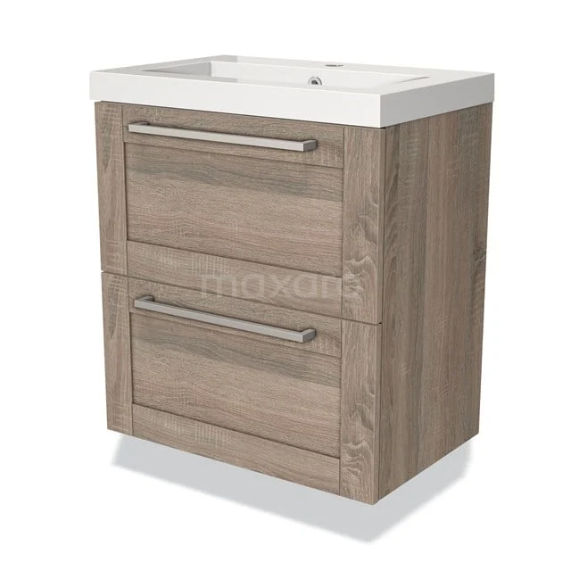 Wooden bathroom unit with two drawers, light brown oak look, including white basin, modern design for bathroom storage.