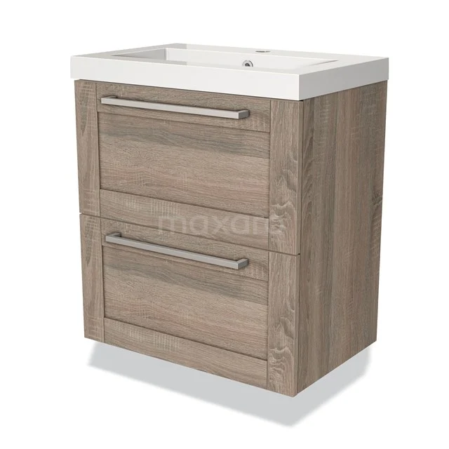 Wooden bathroom unit with two drawers, light brown oak look, including white basin, modern design for bathroom storage.