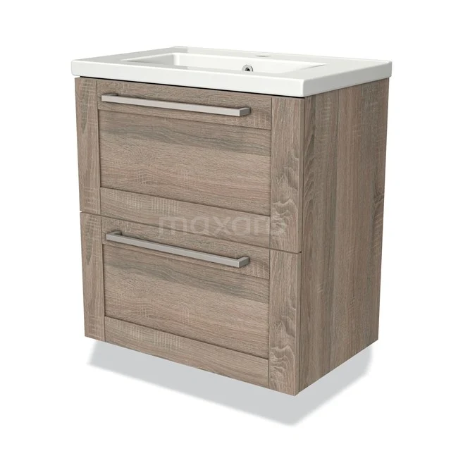 Badmöbel in Eiche mit zwei Schubladen, stilvollen Haltegriffen und integriertem Waschbecken; ideal für moderne Bäder.