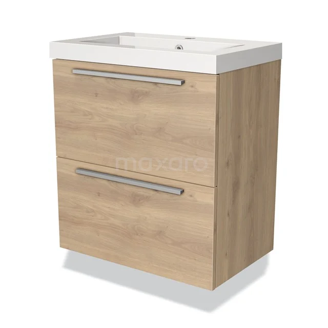 Wooden bathroom unit with light oak finish, two metal drawers and a white vanity units with basin. Modern and compact design.