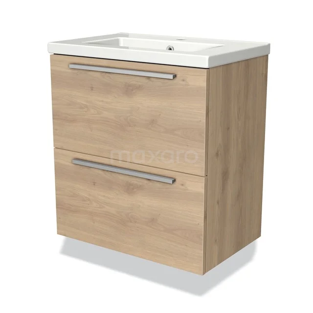 Wooden bathroom unit with two drawers, natural oak finish and white ceramic basin, compact and modern design.
