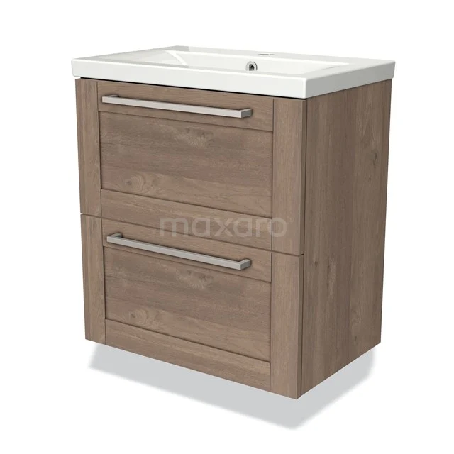 Wooden bathroom unit with two drawers, matt oak, including ceramic basin and metal handles, suitable for modern bathrooms.