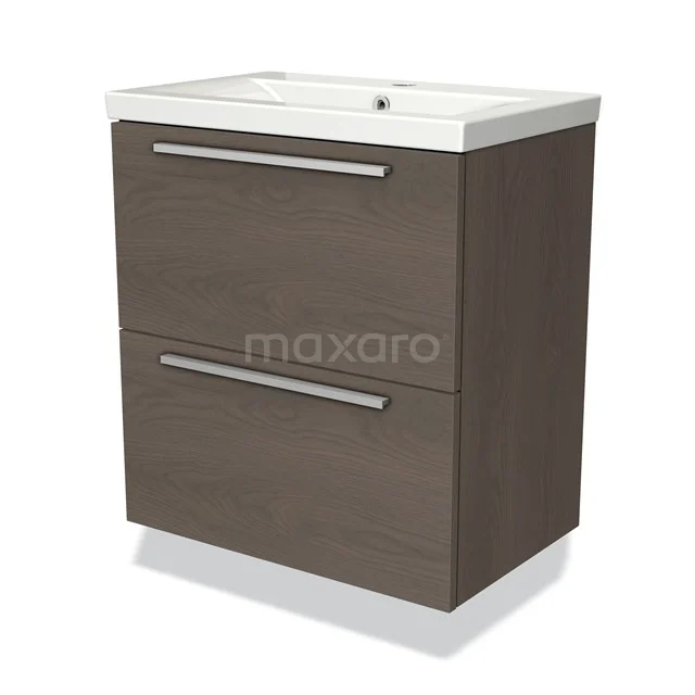Wooden bathroom unit with two drawers, modern design, dark brown, metal handles and integrated white basin.