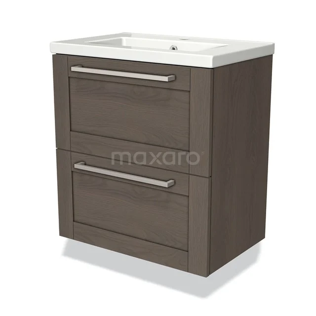 Modern wooden bathroom unit with two drawers, brown finish and white ceramic basin, ideal for compact bathrooms.