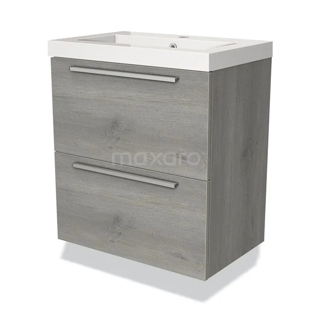 Modulo Slim Bathroom furniture with sink | 60 cm Grey oak Flat front Mineral marble 2 Stacked drawers BMW37-00149 Grey wooden bathroom unit with two drawers, chrome handles and integrated white vanity units with basin, modern and compact design.