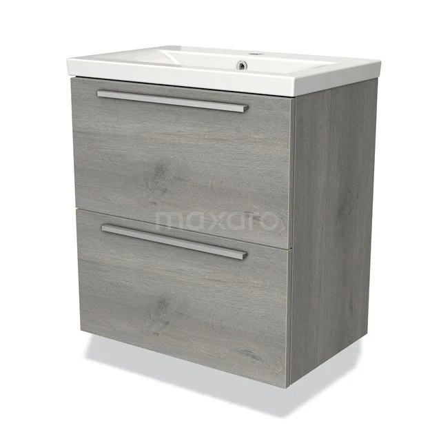 Grey vanity set with wood grain design, 2 drawers and integrated Basin, ideal for modern bathroom storage.