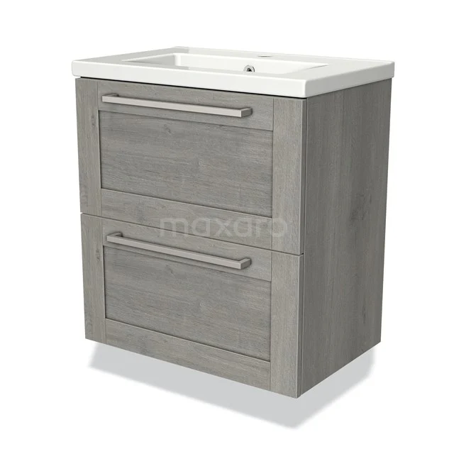 Modulo Slim Bathroom furniture with sink | 60 cm Grey oak Frame front Ceramic 2 Stacked drawers BMW37-00154 Grey wooden bathroom unit with two drawers and a white sink, modern design and ample storage.