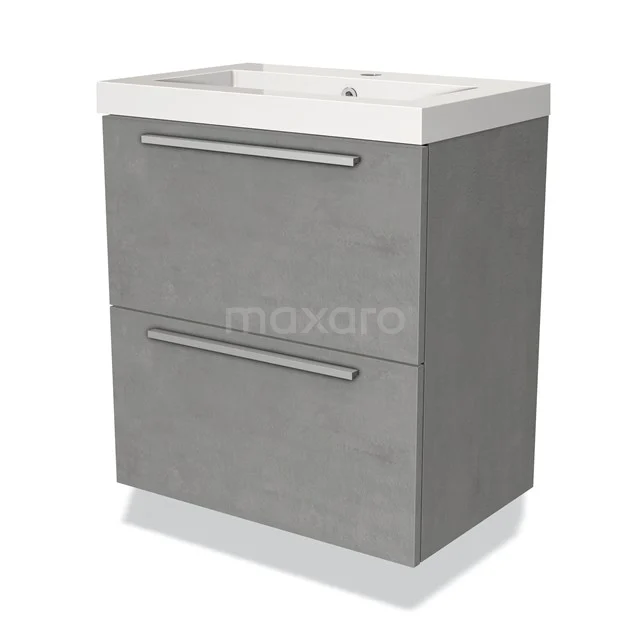 Grijs badkamermeubel met twee lades, modern betonlook ontwerp, wit keramische wastafel en metalen handgrepen.
