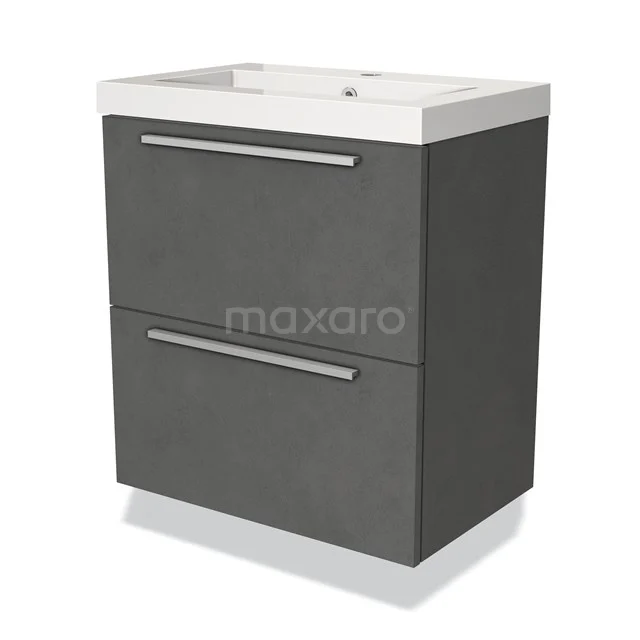 Grey bathroom unit with two drawers, white vanity units with basin and metal handles; modern and compact design.