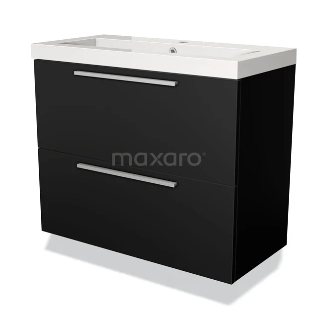 Zwarte badkamermeubel met witte wastafel, strak design, twee lades met metalen handgrepen, ideaal voor moderne badkamers.