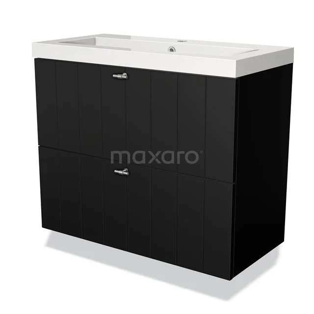 Zwart badkamermeubel met witte wastafel, modern design, twee lades, ideaal voor stijlvolle badkameropslag.