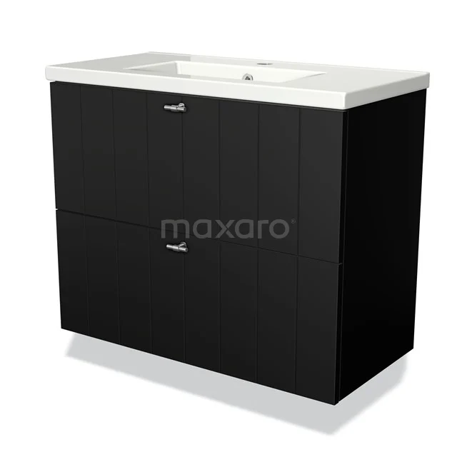 Modulo Slim Bathroom furniture with sink | 80 cm Matte black Slat front Ceramic 2 Stacked drawers BMW37-00166 Black bathroom cabinet with two drawers, glossy design and ceramic basin; ideal for modern bathrooms.