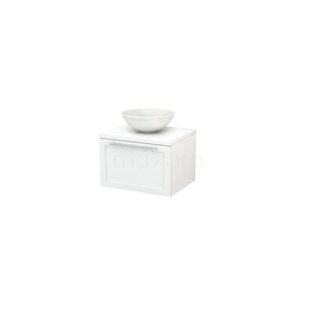 Modulo+ Plato Vanity units for countertop basin | 60 cm High-gloss white Frame front High-gloss white worktop 1 drawer BMK001012 White hanging bathroom unit with drawers and surface-mounted basin, sleek wood design, ideal for modern bathroom design.