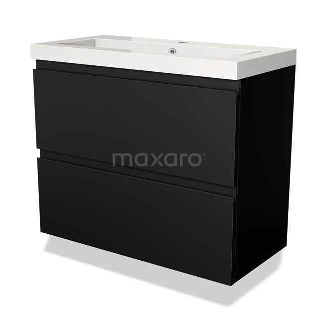 Black vanity unit with two drawers, clean lines, high-gloss finish, suitable for modern bathrooms.