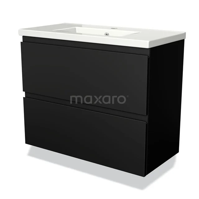 Modulo Slim Bathroom furniture with sink | 80 cm Matte black Handle-less front Ceramic 2 Stacked drawers BMW37-00169 Black bathroom cabinet with basin, modern design, matte finish, compact size, ideal for stylish bathroom design.