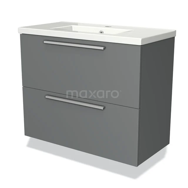 Modulo Slim Bathroom furniture with sink | 80 cm Mid grey Flat front Ceramic 2 Stacked drawers BMW37-00172 Grey bathroom furniture set with double drawers and integrated basin, modern design and sleek finish with metal handles.