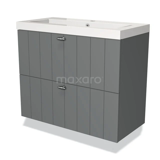 Grey floating vanity set with vertical lines, two drawers and a white ceramic basin worktop - modern bathroom design.