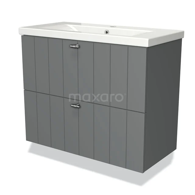 Grey bathroom cabinet with two storage drawers, white ceramic basin and vertical wood grain details for a modern look.