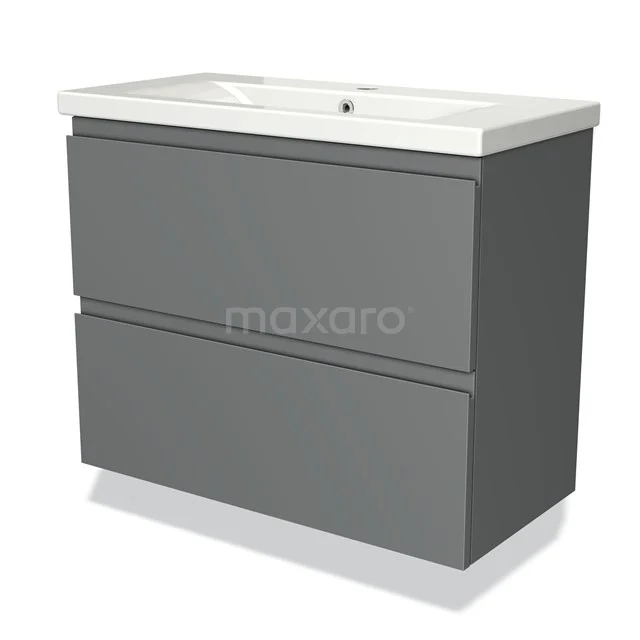 Modulo Slim Bathroom furniture with sink | 80 cm Mid grey Handle-less front Ceramic 2 Stacked drawers BMW37-00177 Grey base cabinet with two drawers and a white ceramic sink, ideal for modern bathroom design.