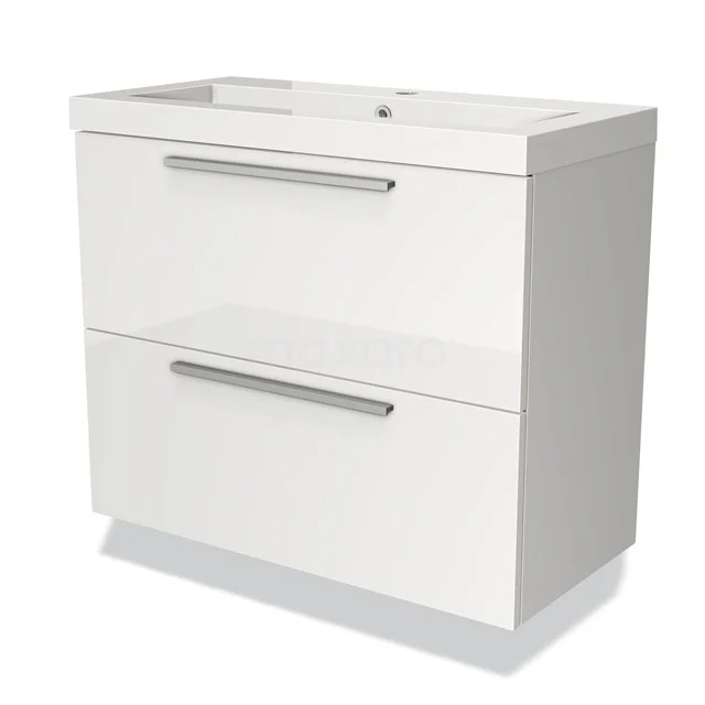 Wit badkamermeubel met twee lades, strakke handgrepen en keramische wastafel, ideaal voor moderne badkamerinrichting.