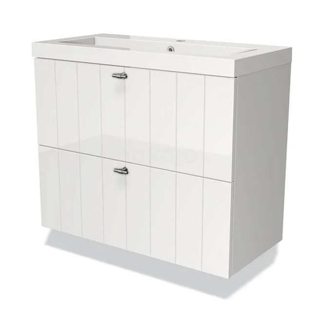 Wit badkamermeubel met twee greeploze lades, plankmotief en keramische wastafel, ideaal voor moderne badkameropslag.