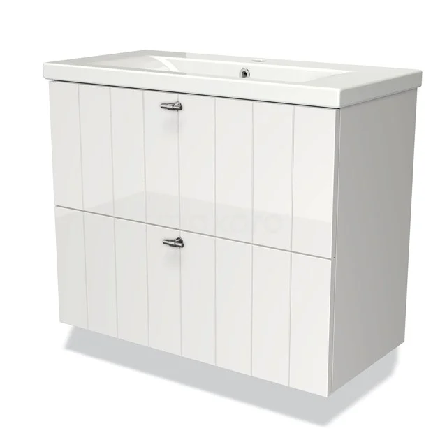 Modulo Slim Vanity units with basin | 80 cm High-gloss white Slat front Ceramic 2 Stacked drawers BMW37-00183 White bathroom unit with double drawers, rustic panels and ceramic vanity units with basin, ideal for stylish bathroom storage.