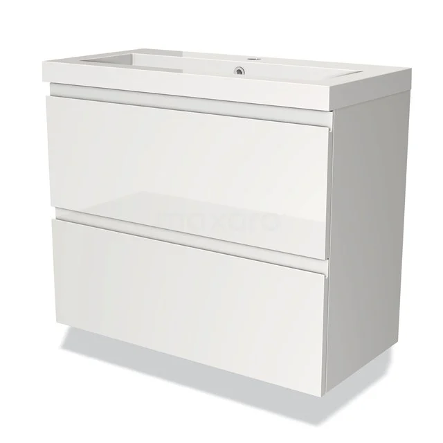 Weißes Badezimmermöbel mit zwei Softclose-Schubladen, glänzender Oberfläche, kompaktes Design, ideal für moderne Bäder.