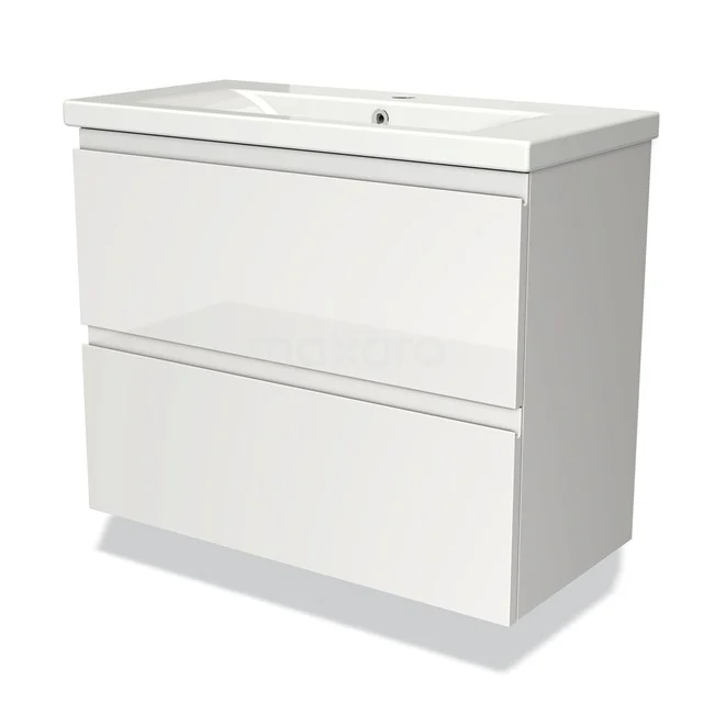 Modulo Slim Bathroom furniture with sink | 80 cm High-gloss white Handle-less front Ceramic 2 Stacked drawers BMW37-00186 White Bathroom unit with two drawers, glossy finish, ceramic top and integrated sink, ideal for modern bathrooms.