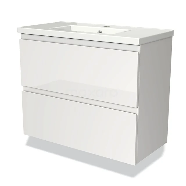 Modulo Slim Bathroom furniture with sink | 80 cm High-gloss white Handle-less front Ceramic 2 Stacked drawers BMW37-00187 White bathroom unit with two handleless drawers, ceramic vanity units with basin and sleek modern design.