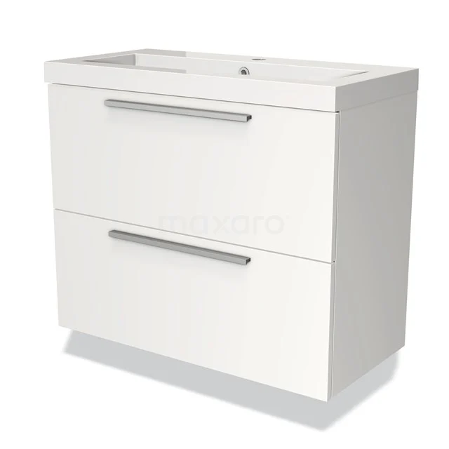 Wit badkamermeubel met twee lades, strak design en metalen handgrepen, ideaal voor moderne badkameropslag.