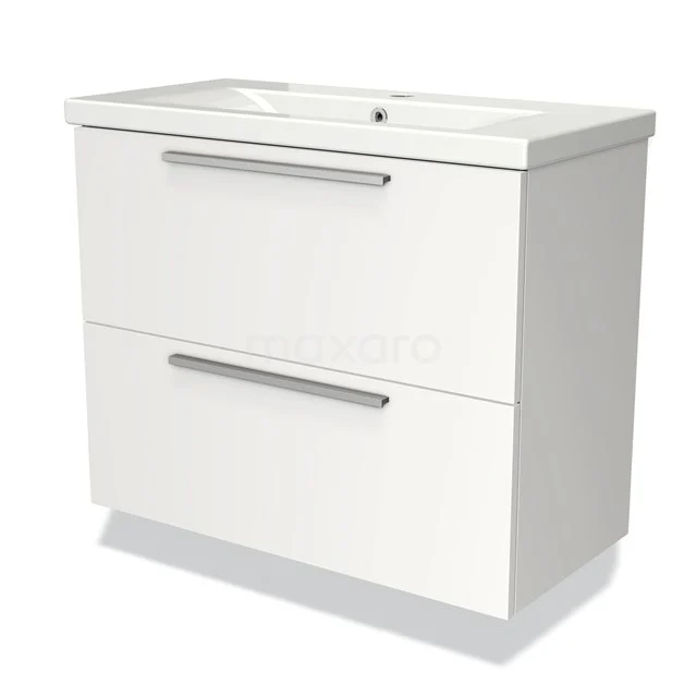 White bathroom unit with two drawers, sleek handles and integrated vanity units with basin, perfect for modern bathroom designs.