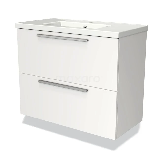 White bathroom unit with two drawers, sleek metal handles and integrated basin, modern design.