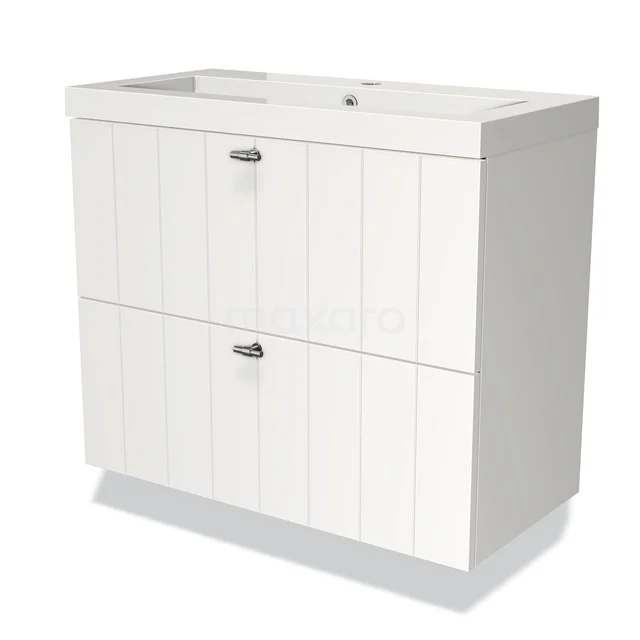 Weißer Badschrank mit 2 Schubladen, Holzlamellen-Design, modernes Waschtischmöbel für stilvollen Stauraum im Badezimmer.