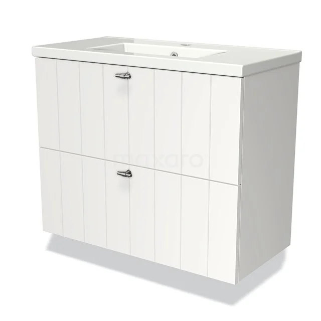 Modulo Slim Vanity units with basin | 80 cm Matte white Slat front Ceramic 2 Stacked drawers BMW37-00193 White wooden bathroom unit with two drawers, vertical ridges and a ceramic basin, ideal for a modern bathroom.