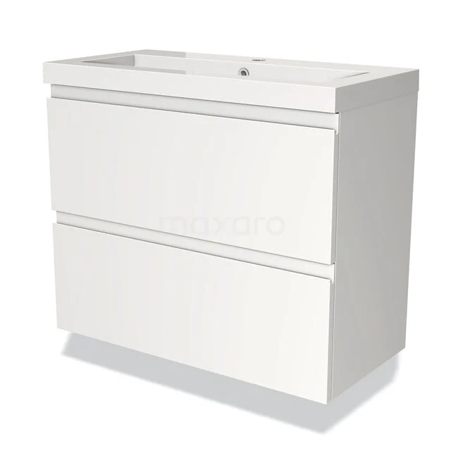 Badmöbel 80cm Modulo Slim Matt Weiß 2 Schubladen Griffloses Waschbecken Mineralguss BMW37-00194 Weiße Badmöbelset mit zwei Schubladen, schlankem Design und Soft-Close-System, ideal für moderne Badezimmerlagerung.