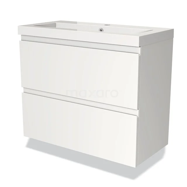 Weiße Badmöbelset mit zwei Schubladen, schlankem Design und Soft-Close-System, ideal für moderne Badezimmerlagerung.