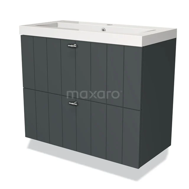 Dark grey wooden bathroom unit with line pattern, white sink and two drawers; ideal for stylish bathroom storage.