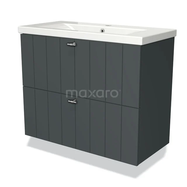 Modulo Slim Bathroom furniture with sink | 80 cm Dark grey Slat front Ceramic 2 Stacked drawers BMW37-00201 Dark grey vanity unit with double cabinet, ceramic basin and A matte finish, ideal for modern bathroom design.