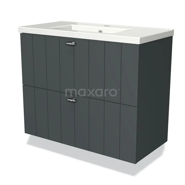 Anthracite grey Bathroom unit with double drawers, vertical grooves and white vanity units with basin, modern design from the Elegance series.