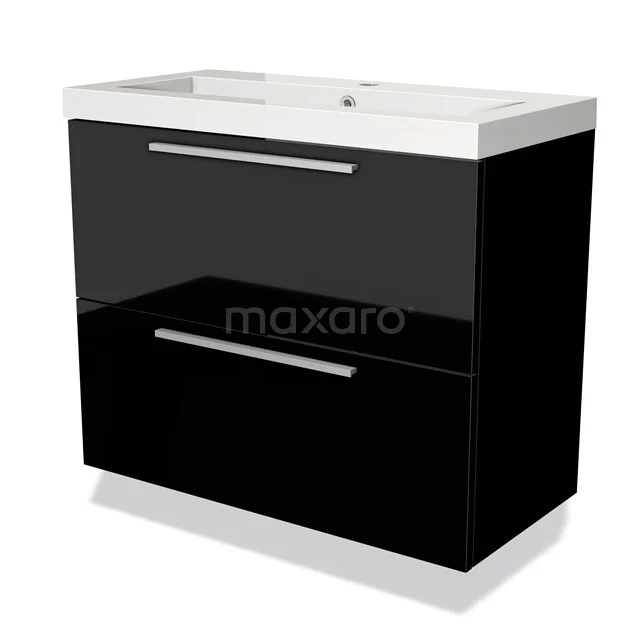 Zwarte badkamerkast met witte keramische wastafel, strakke metalen grepen en modern design, ideaal voor compacte badkamers.