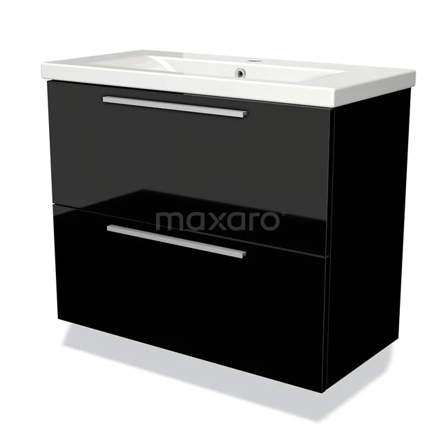 Black glossy bathroom unit with white vanity units with basin, two drawers and chrome handles, modern design.