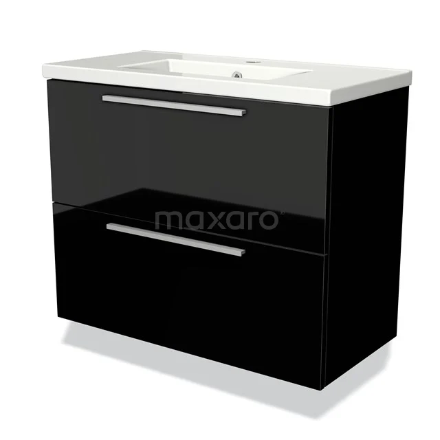 Modulo Slim Vanity units with basin | 80 cm High-gloss black Flat front Ceramic 2 Stacked drawers BMW37-00208 Black bathroom unit with two drawers, high-gloss finish and integrated basin, modern look for contemporary bathrooms.