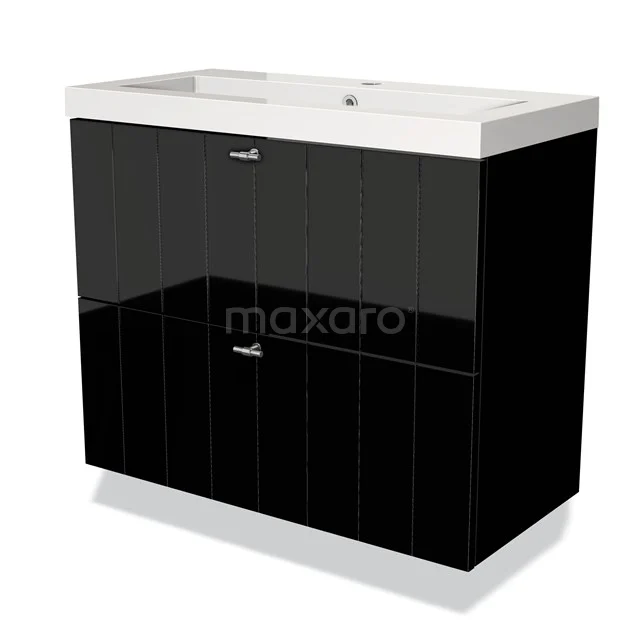 Schwarzes Hochglanz-Waschtischmöbel mit zwei Schubladen, keramischem Waschbecken und klarem Design, ideal für ein modernes Badezimmer.