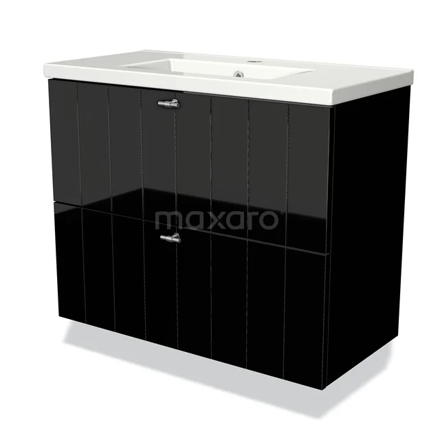 Black glossy bathroom cabinet with ceramic basin, sleek design and silver handles, ideal for modern bathrooms.