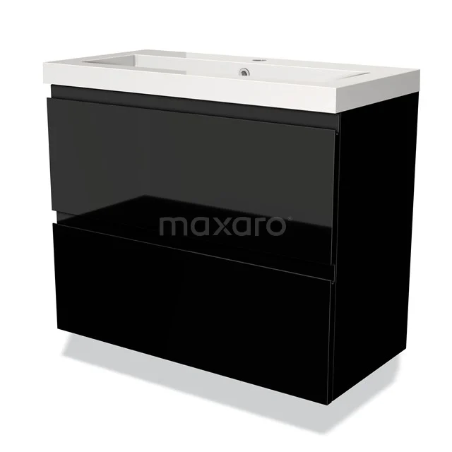 Zwart keramisch badkamermeubel met dubbele lade en glanzende afwerking, strak modern design.