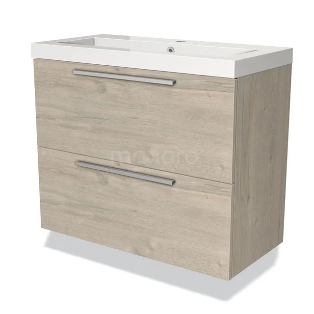 Houten badkamermeubel met twee lades, licht eiken afwerking, ingebouwde witte wastafel en metalen handgrepen.
