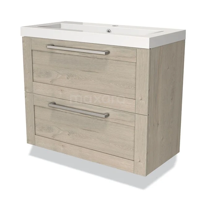 Modulo Slim Bathroom furniture with sink | 80 cm Light grey oak Frame front Mineral marble 2 Stacked drawers BMW37-00218 Wooden bathroom unit with two drawers and integrated vanity units with basin, modern design in light oak finish.
