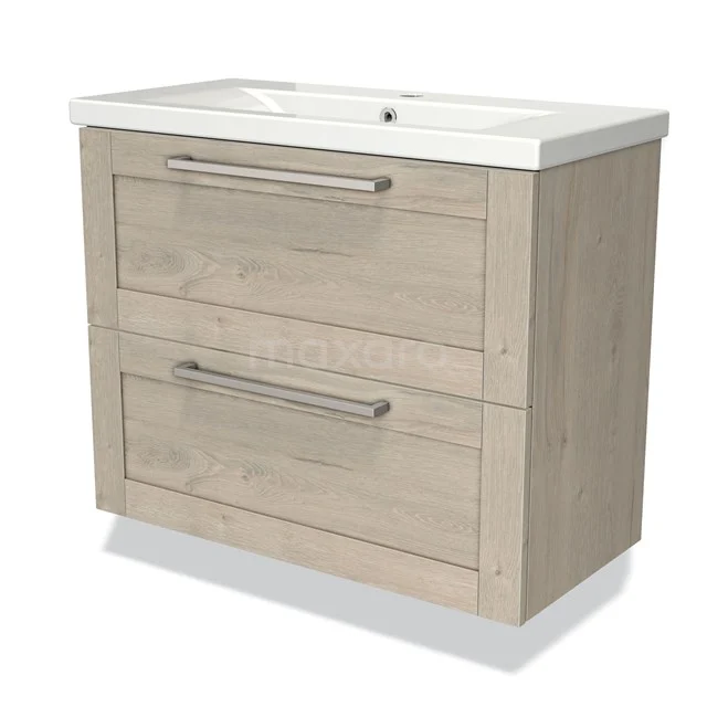 Wooden bathroom unit with two drawers, light oak look, including white ceramic vanity units with basin and sleek metal handles.