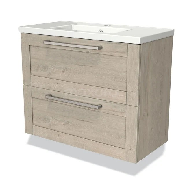 Wooden bathroom unit with two drawers, light oak colour, metal handles and built-in white vanity units with basin.